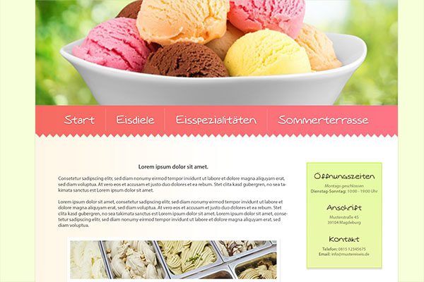 Ausschnitt einer Webseite für eine Eisdiele in Pastellfarben